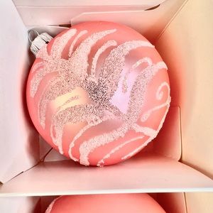 4 Polish Glass Baby Pink Christmas Ball Ornaments Iridescent White Frost Glitter